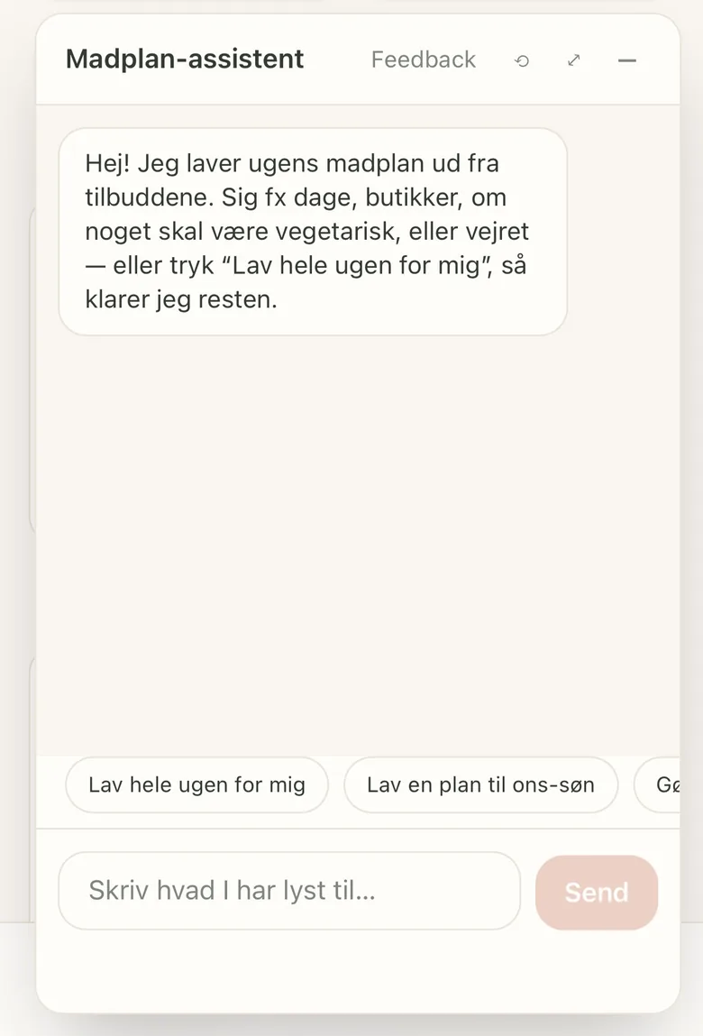 Assistenten i Simre med en samtale om ugens madplan og hurtigknapper som 'Lav hele ugen for mig'