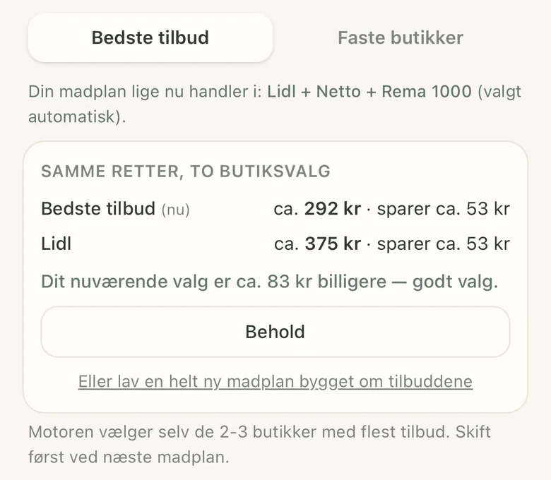 Simres butikssammenligning: samme retter, to butiksvalg, med prisforskellen i kroner
