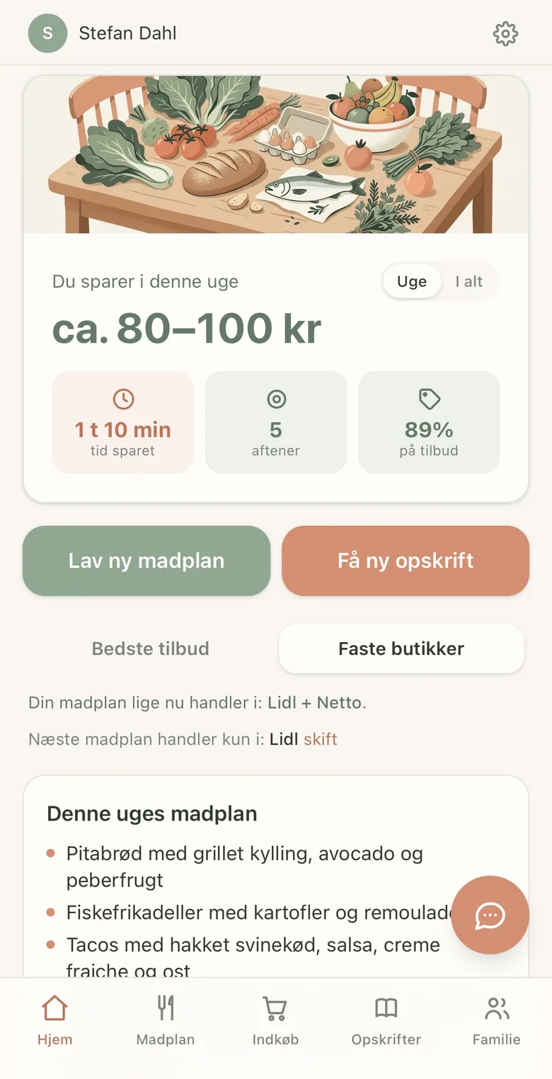 Simres hjemmeskærm med ugens besparelse og knappen Lav ny madplan