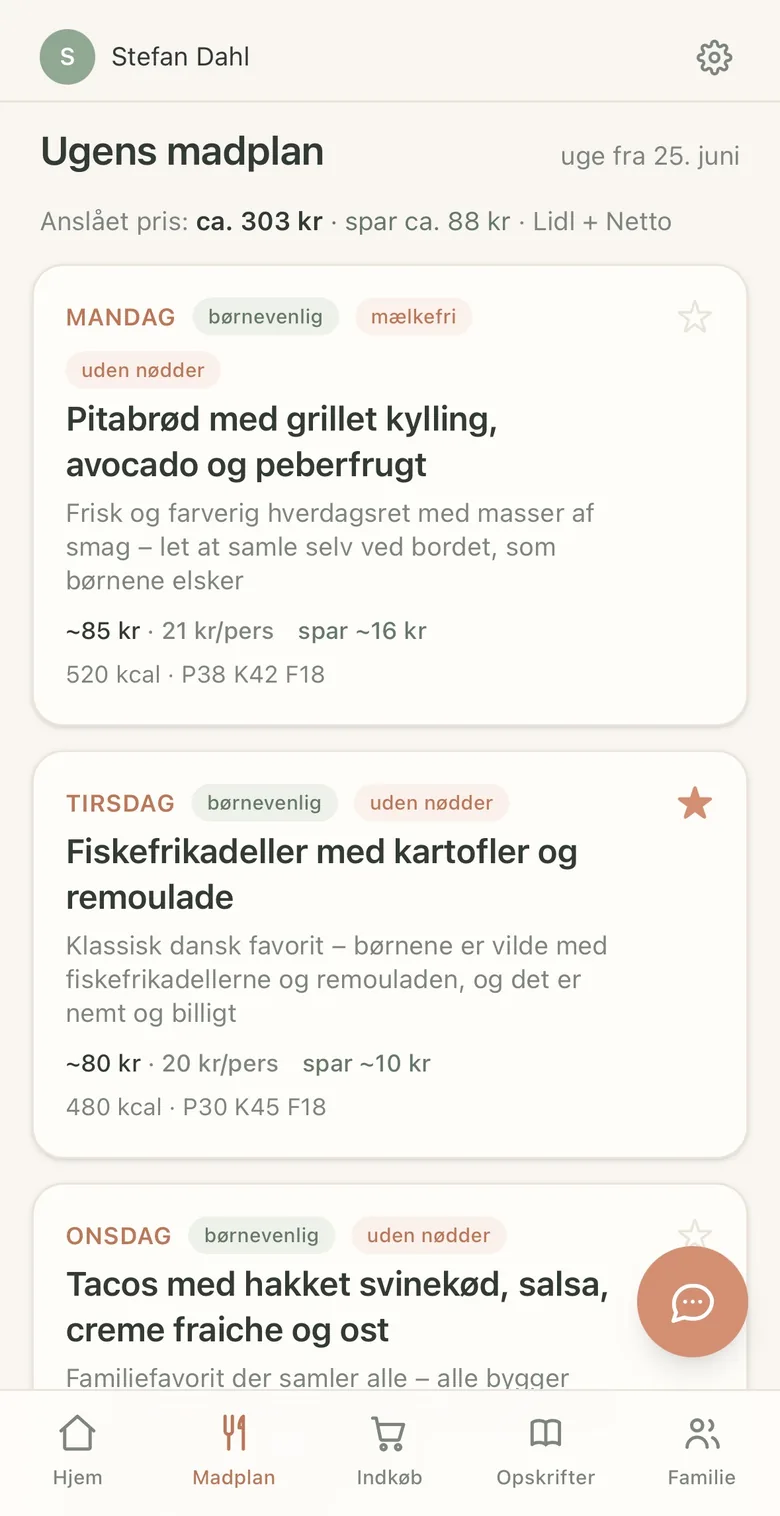 Ugens madplan i Simre med retter dag for dag, cirkapris, besparelse og mærker som børnevenlig