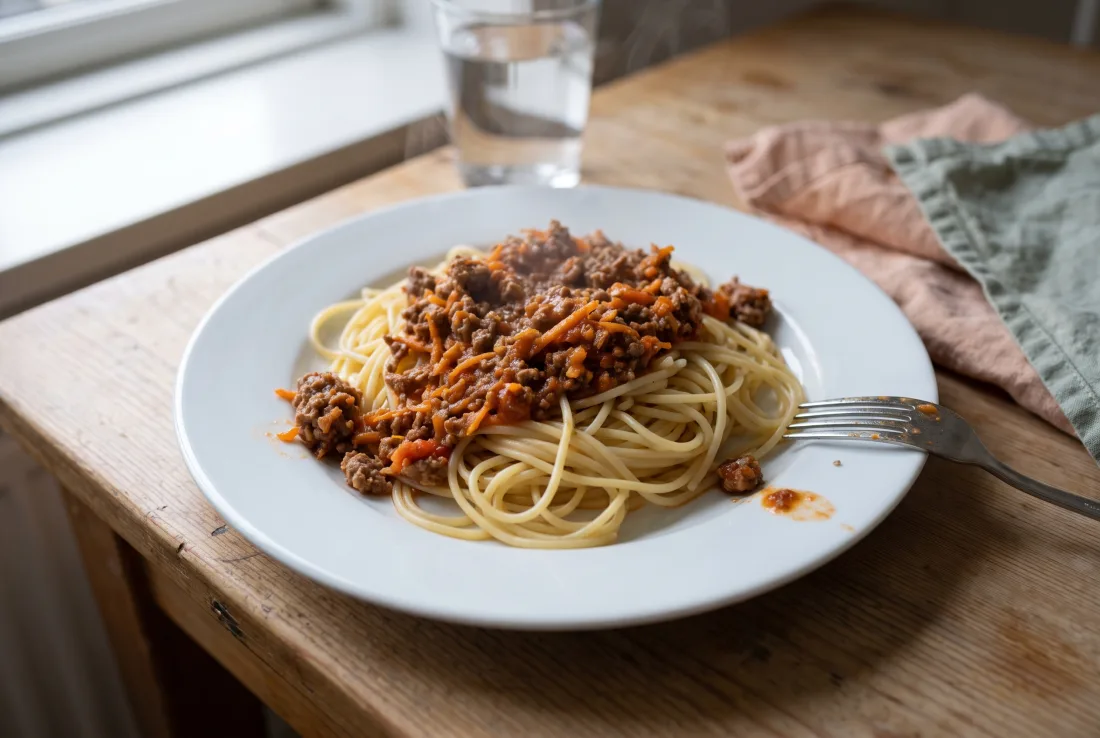 En gryde med kødsovs og pasta på komfuret